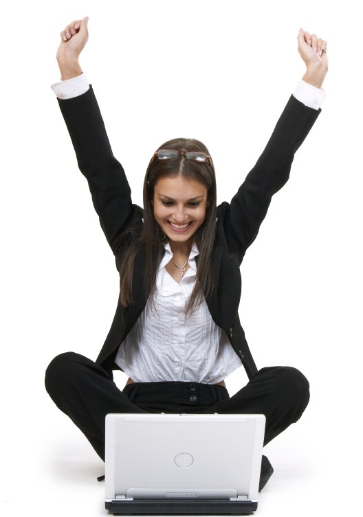 woman on laptop happy arms up